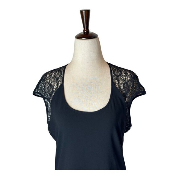 Helmut Lang Black Puckered Lace Detail Scoop Neck Short Cap Sleeve‎ Top Size M - Picture 4 of 10